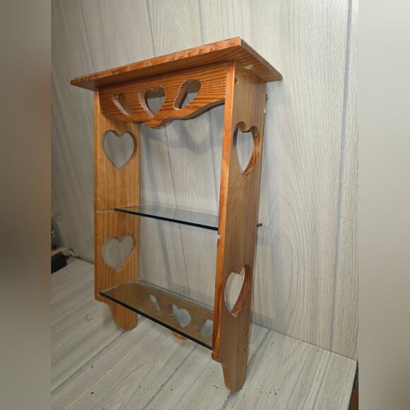 Vtg 80s Heart Design Carved Wood Wall Shelf W/Glass Inserts Farmhouse Coquette - Picture 3 of 8